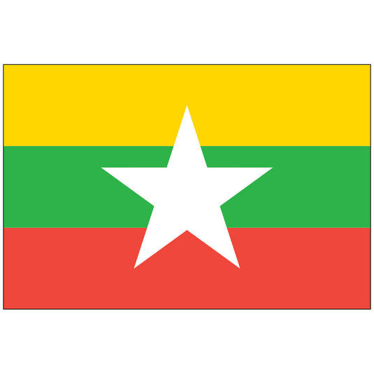 Official Myanmar national flag, featuring horizontal stripes of yellow, green, and red, with a large white five-pointed star centered on the design.