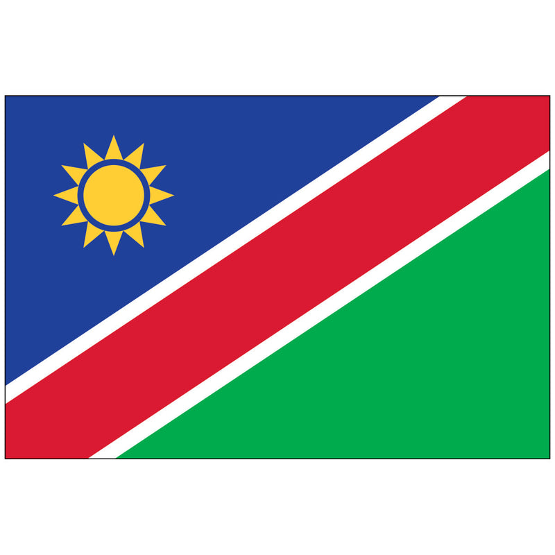 Load image into Gallery viewer, Official Namibia national flag, split diagonally with blue over green, separated by a red and white stripe, and featuring a golden sun emblem in the upper-left corner.
