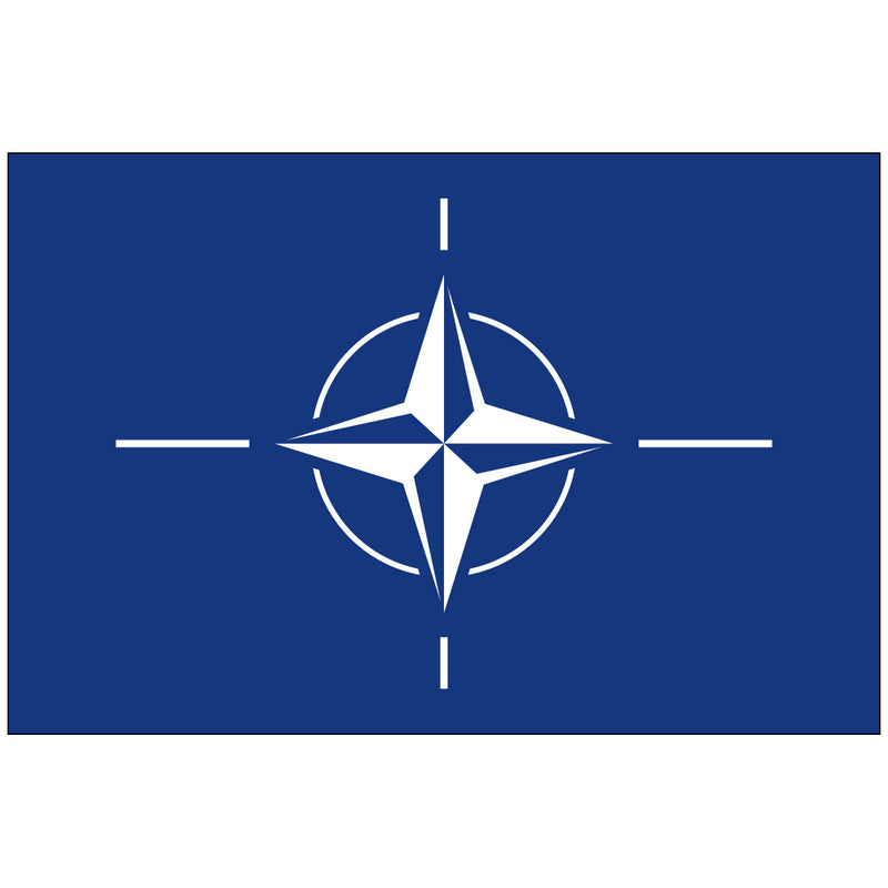 Load image into Gallery viewer, Official NATO flag, a deep navy blue field centered with a white compass rose symbol and four directional white lines.
