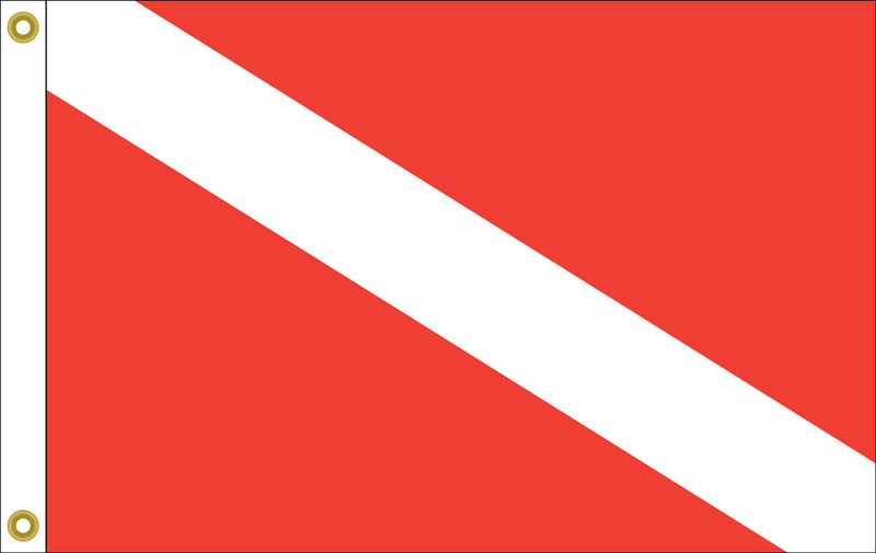 Load image into Gallery viewer, Diver Down flag, featuring a red field crossed by a wide white diagonal stripe, indicating diving operations are underway.
