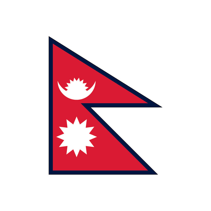 Load image into Gallery viewer, Official Nepal national flag, the only non-quadrilateral flag, made of red nylon with a blue border, featuring two white stacked pennants with a crescent moon and sun emblem.
