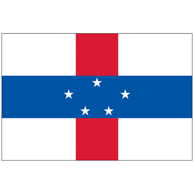 Load image into Gallery viewer, Historical flag of the Netherlands Antilles, featuring a white field with intersecting red vertical and blue horizontal bands, centered with five white stars.
