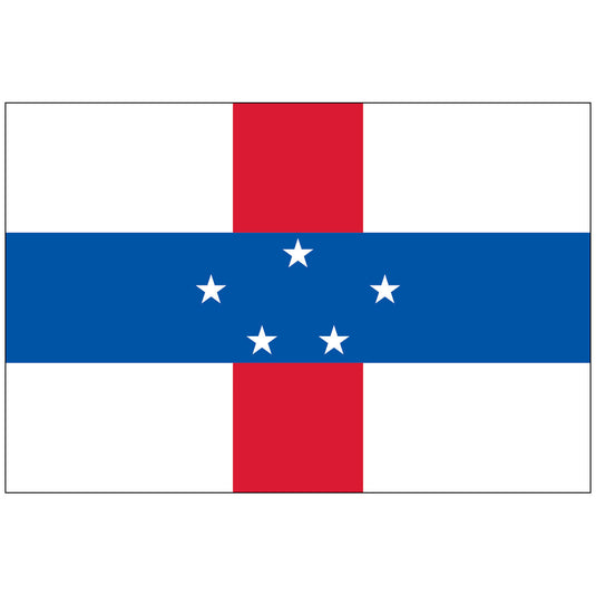 Historical flag of the Netherlands Antilles, featuring a white field with intersecting red vertical and blue horizontal bands, centered with five white stars.