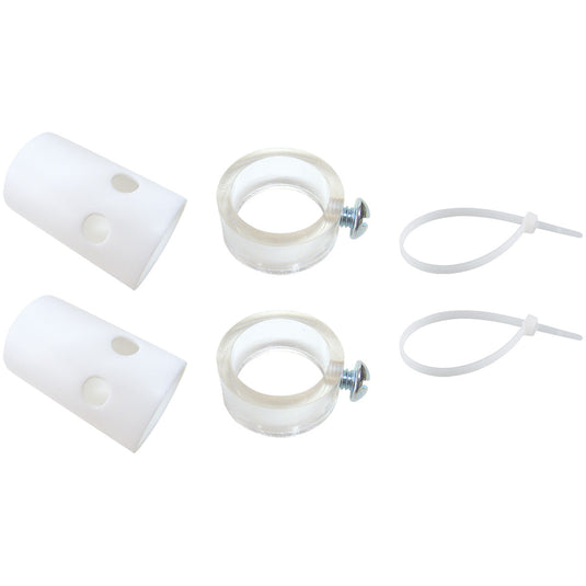 Nev-R-Wrap flag unfurler kit contents, showing two white plastic cuffs, two clear rings with screws, and two white cable ties.