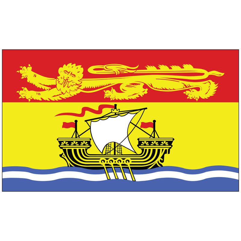 Load image into Gallery viewer, Official New Brunswick provincial flag, featuring a gold lion on a red chief and an ancient galley ship with sails on a yellow field over blue and white waves.
