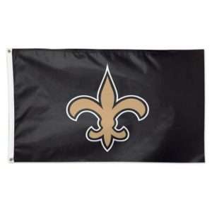 New Orleans Saints NFL deluxe 3x5 flag on a black field, featuring the classic gold and white fleur-de-lis logo centered prominently.