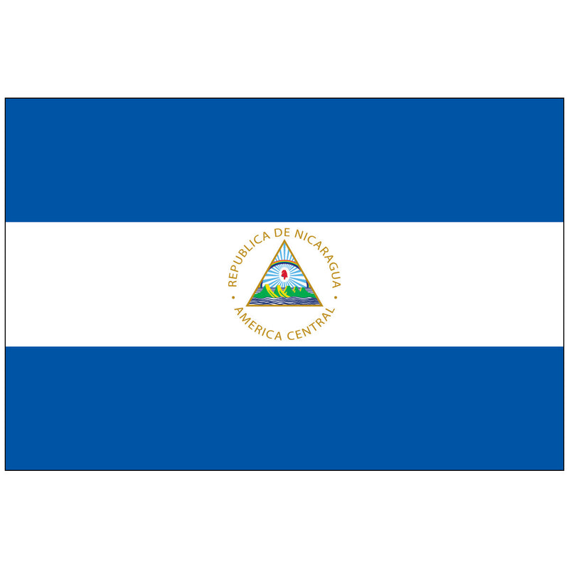 Load image into Gallery viewer, Nicaragua national flag featuring horizontal blue and white stripes with the official coat of arms centered, displaying a triangle with mountains, a rainbow, a cap of liberty, and rays of light.

