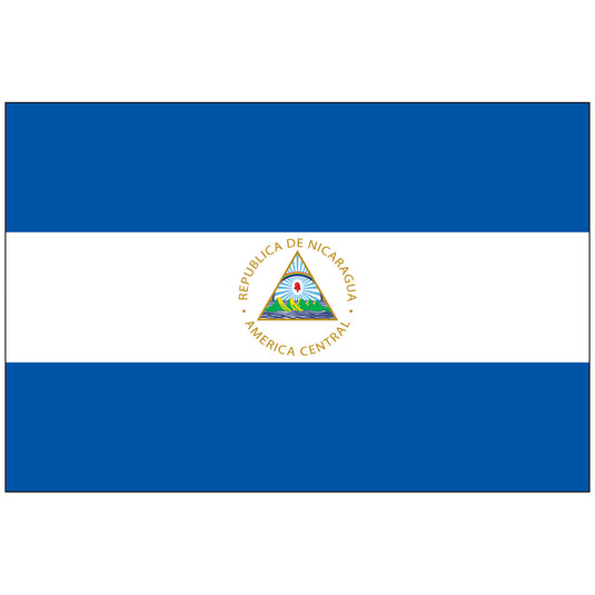 Nicaragua national flag featuring horizontal blue and white stripes with the official coat of arms centered, displaying a triangle with mountains, a rainbow, a cap of liberty, and rays of light.