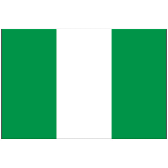 Nigeria national flag with three vertical stripes in green, white, and green, symbolizing agriculture, peace, and unity.