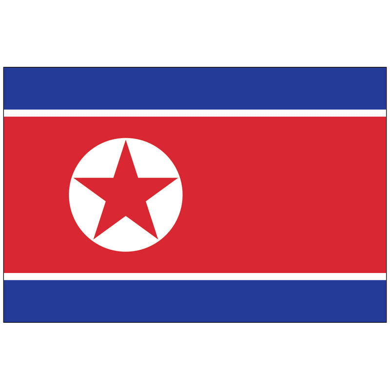 Load image into Gallery viewer, North Korea nylon flag with a red central field bordered by blue and white stripes, featuring a white circle and red five-pointed star symbolizing communism and national unity.
