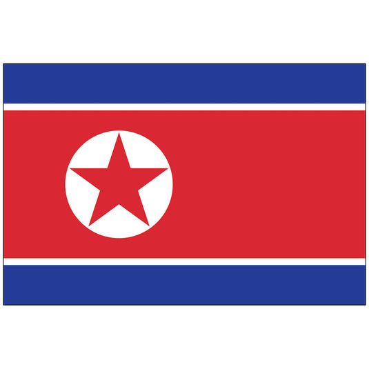 North Korea nylon flag with a red central field bordered by blue and white stripes, featuring a white circle and red five-pointed star symbolizing communism and national unity.