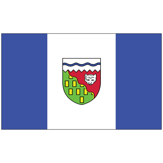 Northwest Territories nylon flag featuring vertical blue-white-blue stripes and a central shield with a red fox head, wavy blue lines, and symbolic geographic elements representing the Canadian territory.