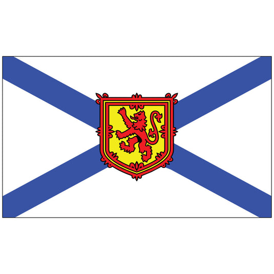 Nova Scotia flag with blue diagonal cross on white background and red lion crest in center.