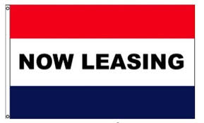 Red, white, and blue “Now Leasing” flag with bold black text centered on a white stripe.
