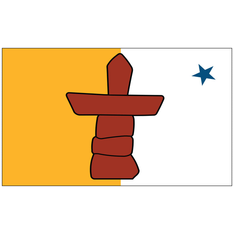 Load image into Gallery viewer, Nunavut flag featuring a red inuksuk centered between a gold and white field, with a blue star on the right side.
