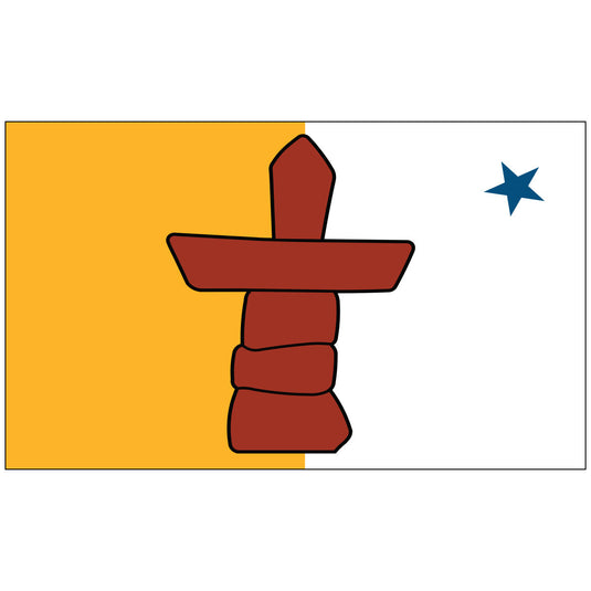 Nunavut flag featuring a red inuksuk centered between a gold and white field, with a blue star on the right side.
