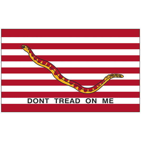 Historic U.S. Navy Jack flag with red and white stripes, a coiled rattlesnake, and the words 