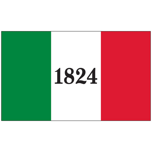 Vertical tricolor flag with green, white, and red bands and the year 
