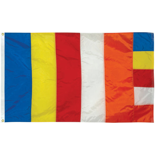 Flag with five vertical stripes in blue, yellow, red, white, and orange, followed by a sixth section with horizontal stripes of the same colors, symbolizing the aura of the Buddha.