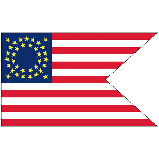 Swallowtail cavalry guidon featuring red and white stripes with a blue canton bearing a circular arrangement of gold stars.