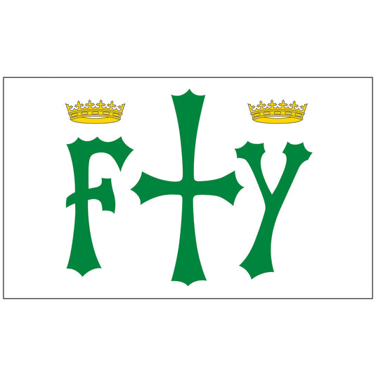 White flag featuring green gothic letters 