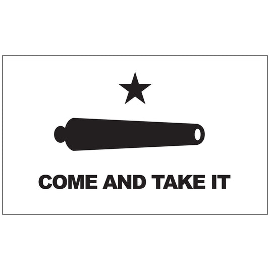 White flag with a black star above a black cannon and the words 