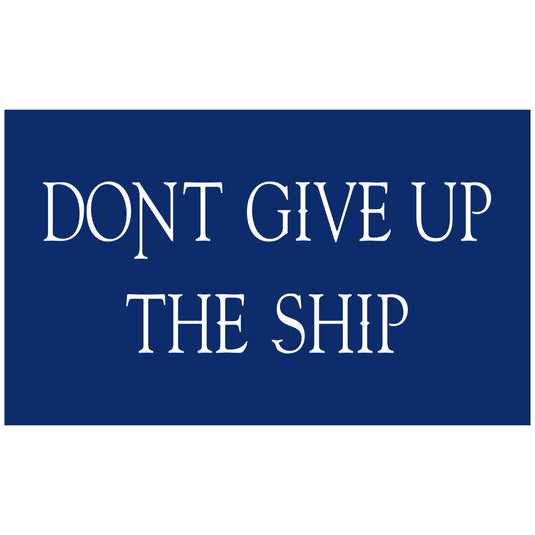 Navy blue flag with the white capitalized text 