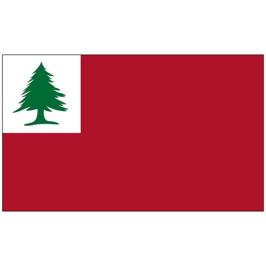 Colonial-era flag with a solid red field and a white canton featuring a green pine tree.