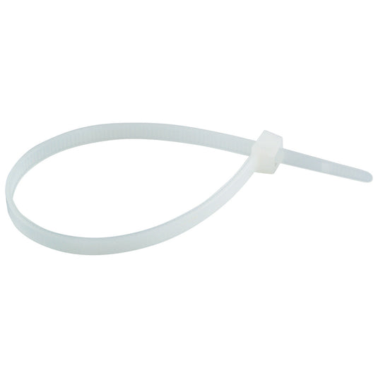 White nylon zip tie curled into a loop, commonly used for securing flags to poles or brackets.