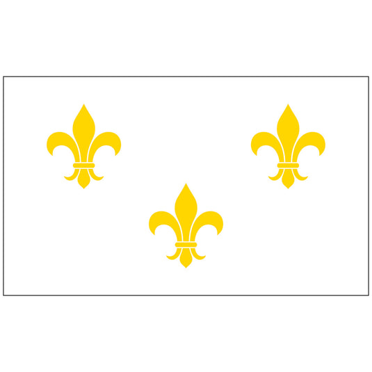White historical flag featuring three gold fleur-de-lis symbols in a triangular arrangement.