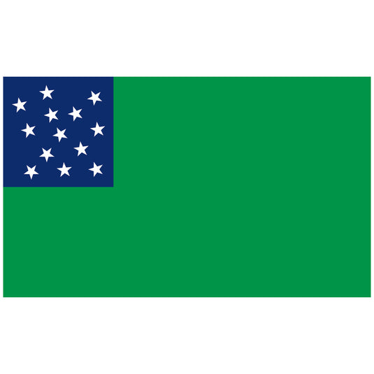 Nylon historical flag of the Green Mountain Boys, featuring a large green field and a blue canton containing thirteen white stars representing the original colonies.