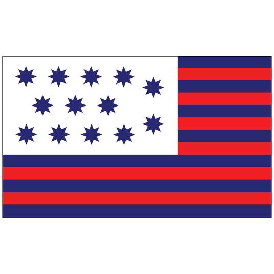 Nylon Guilford Courthouse historical U.S. flag featuring a white canton with thirteen blue stars, and a field of alternating red and blue horizontal stripes.