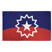 Nylon Juneteenth historical flag with a red and blue field divided horizontally and a white bursting star outline surrounding a central white star, symbolizing freedom and new beginnings.