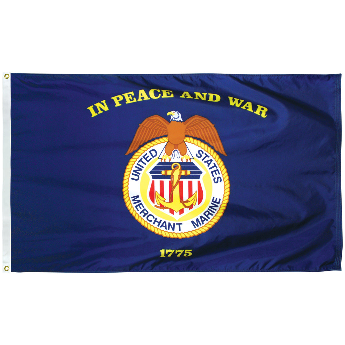 Nylon Merchant Marine flag featuring a dark blue field with a central circular emblem showing an eagle atop an anchor and shield, surrounded by the words “United States Merchant Marine,” with “In Peace and War” above and “1775” below in gold lettering.