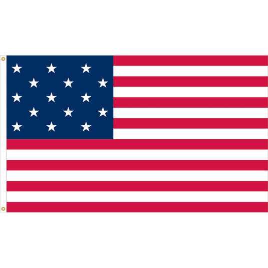 Nylon Old Glory U.S. historical flag featuring fifteen white stars on a navy blue canton with fifteen alternating red and white stripes, representing the expanded union during the early years of the United States.