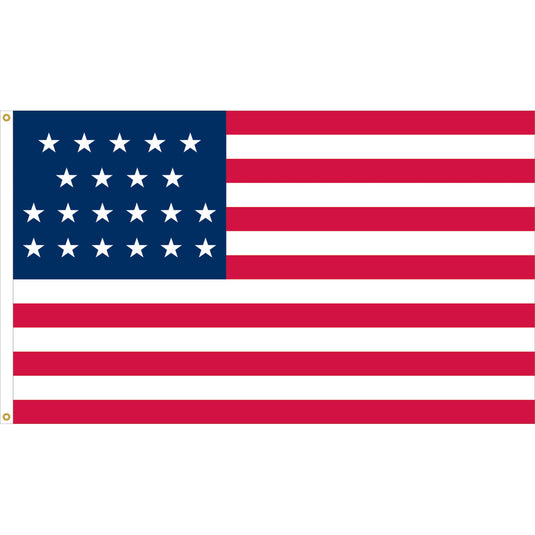 Nylon Old Glory U.S. historical flag with twenty-one white stars arranged on a blue canton above thirteen alternating red and white stripes, representing the era when Illinois joined the Union.