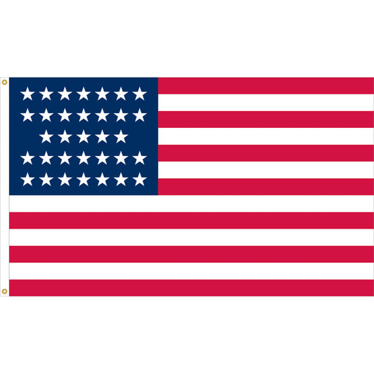 Nylon Old Glory U.S. historical flag featuring thirty-three white stars arranged on a blue canton above thirteen red and white stripes, representing the nation’s expansion with Oregon’s statehood in 1859.