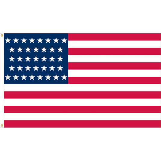Nylon Old Glory U.S. historical flag with thirty-seven white stars on a blue canton and thirteen alternating red and white stripes, representing Nebraska’s addition to the Union in 1867.