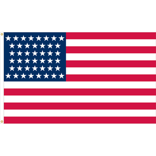 Nylon Old Glory U.S. historical flag featuring forty-four white stars arranged on a blue canton with thirteen alternating red and white stripes, representing Wyoming’s admission to the Union in 1890.