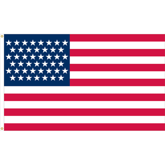 Nylon Old Glory U.S. historical flag with forty-five white stars on a navy blue canton and thirteen red and white stripes, representing the United States after Utah’s admission to the Union in 1896.