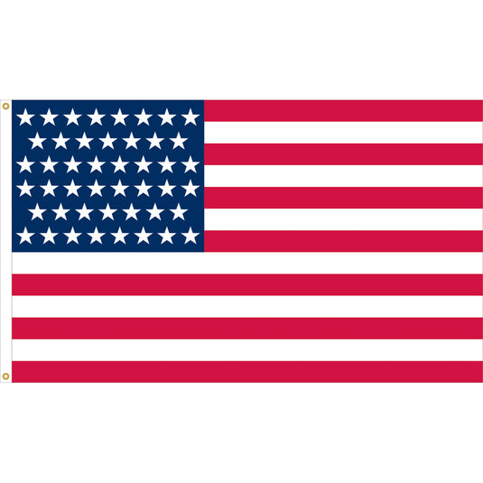 Nylon Old Glory U.S. historical flag featuring forty-six white stars arranged on a blue canton and thirteen alternating red and white stripes, representing the nation’s growth with Oklahoma’s statehood in 1908.