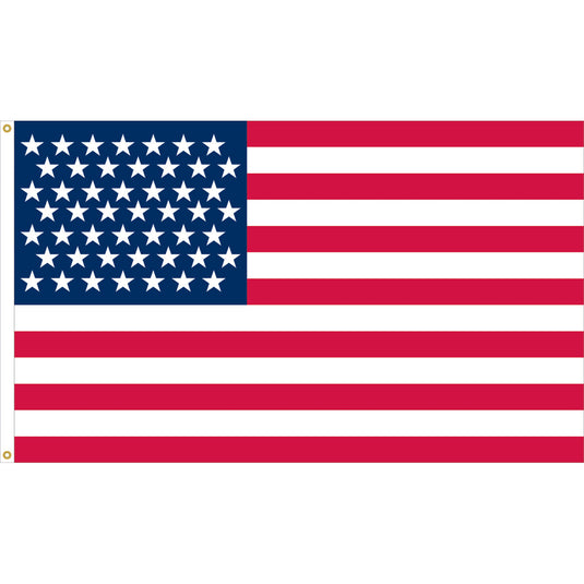 Nylon Old Glory U.S. historical flag featuring forty-nine white stars on a navy blue canton and thirteen alternating red and white stripes, representing the official flag used after Alaska’s admission to the Union in 1959.