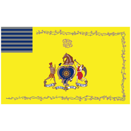 Nylon Philadelphia Light Horse Troop U.S. historical flag with a bright yellow field, blue canton with horizontal stripes, and a detailed central crest featuring a Native American and an angel beside a horse’s head, framed by decorative vines and the motto “For These We Strive.”