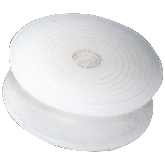 White nylon pulley wheel used for flagpole halyard systems, featuring a grooved edge for smooth rope movement and durable weather-resistant construction.