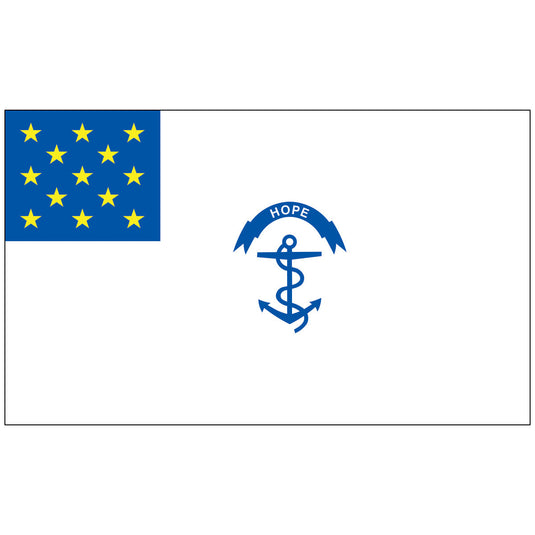 Nylon Rhode Island Regiment historical flag with a blue canton of thirteen gold stars and a central blue anchor beneath a “Hope” banner on a white field, representing unity and perseverance during the Revolutionary War.