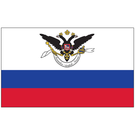 Nylon Russian-American Company historical flag with white, blue, and red horizontal stripes, featuring a black double-headed eagle crest at the center symbolizing Russian imperial authority and colonial trade presence.