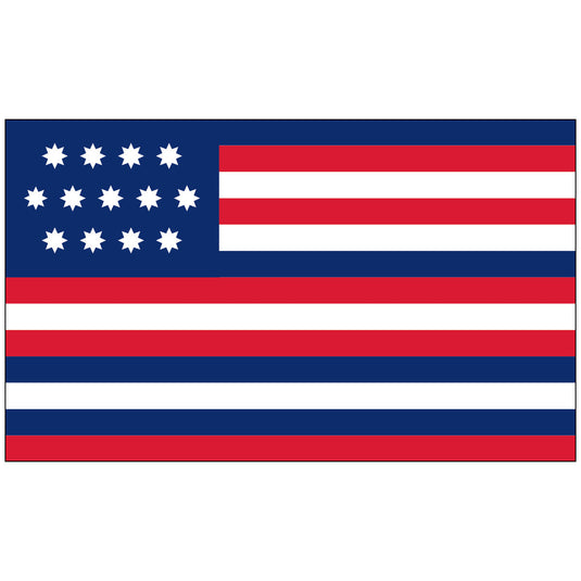 Nylon Serapis U.S. historical flag featuring red, white, and blue horizontal stripes with a blue canton bearing thirteen eight-pointed white stars, symbolizing naval heritage during the American Revolution.