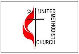 Nylon United Methodist Church flag displaying a black cross and red flame symbol beside the words “The United Methodist Church” on a white background.