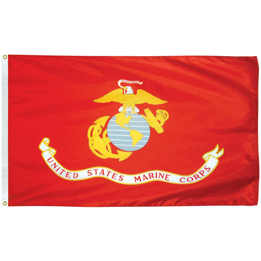 Nylon United States Marine Corps flag featuring the Eagle, Globe, and Anchor emblem in gold and gray with a red background and white scroll reading “United States Marine Corps.”