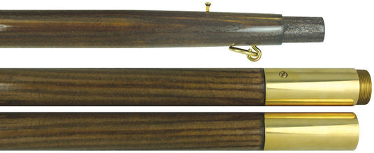 Close-up of the oak-finish 2-piece pole, showing the dark wood grain, the brass screw joint, and the flag attachment hook.